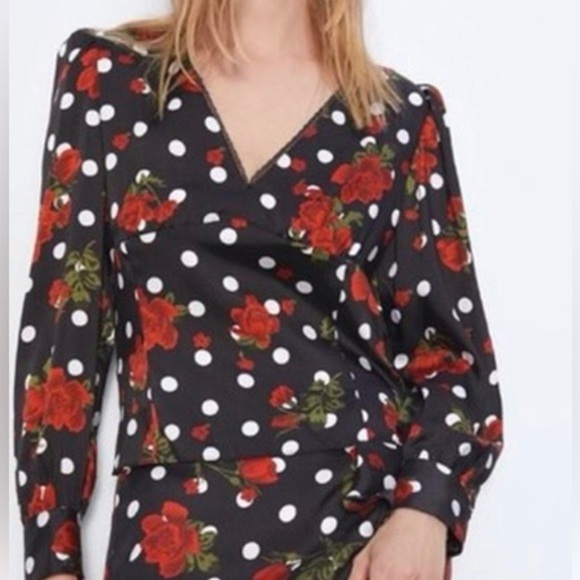 Zara Tops - Zara Polka Dot Rose Print Black Soft
Formal Blouse Shirt Top 2157/242 Size XS